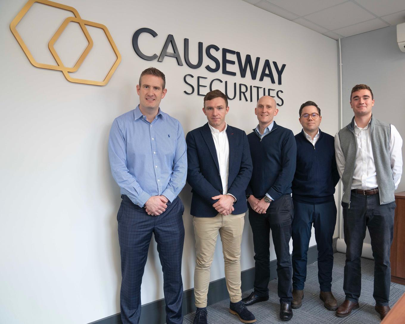 Portrait of the team from Causeway Securities, Conor O’Donnell, Founder and Chief Executive (left), Joe McDaniel, Chief Compliance Officer, Peter Barkley, Partner, WestBridge, James MacLeay, Senior Investment Manager, WestBridge, Luke Gilbert, Senior Investment Manager, WestBridge